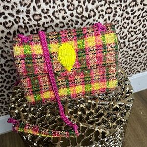 Kurt Geiger Pink and Yellow Plaid Crossbody Bag